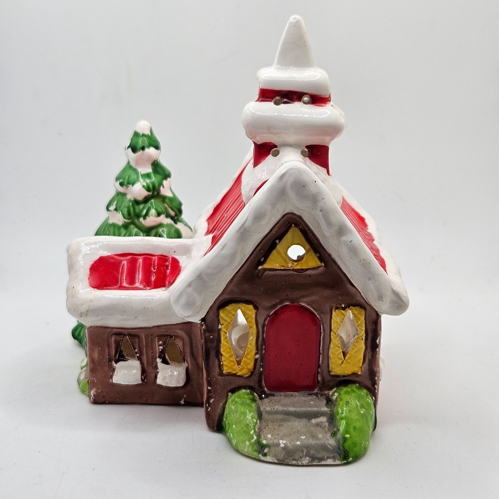 Vintage Ceramic Christmas Church Village House Tealight Holder Tree